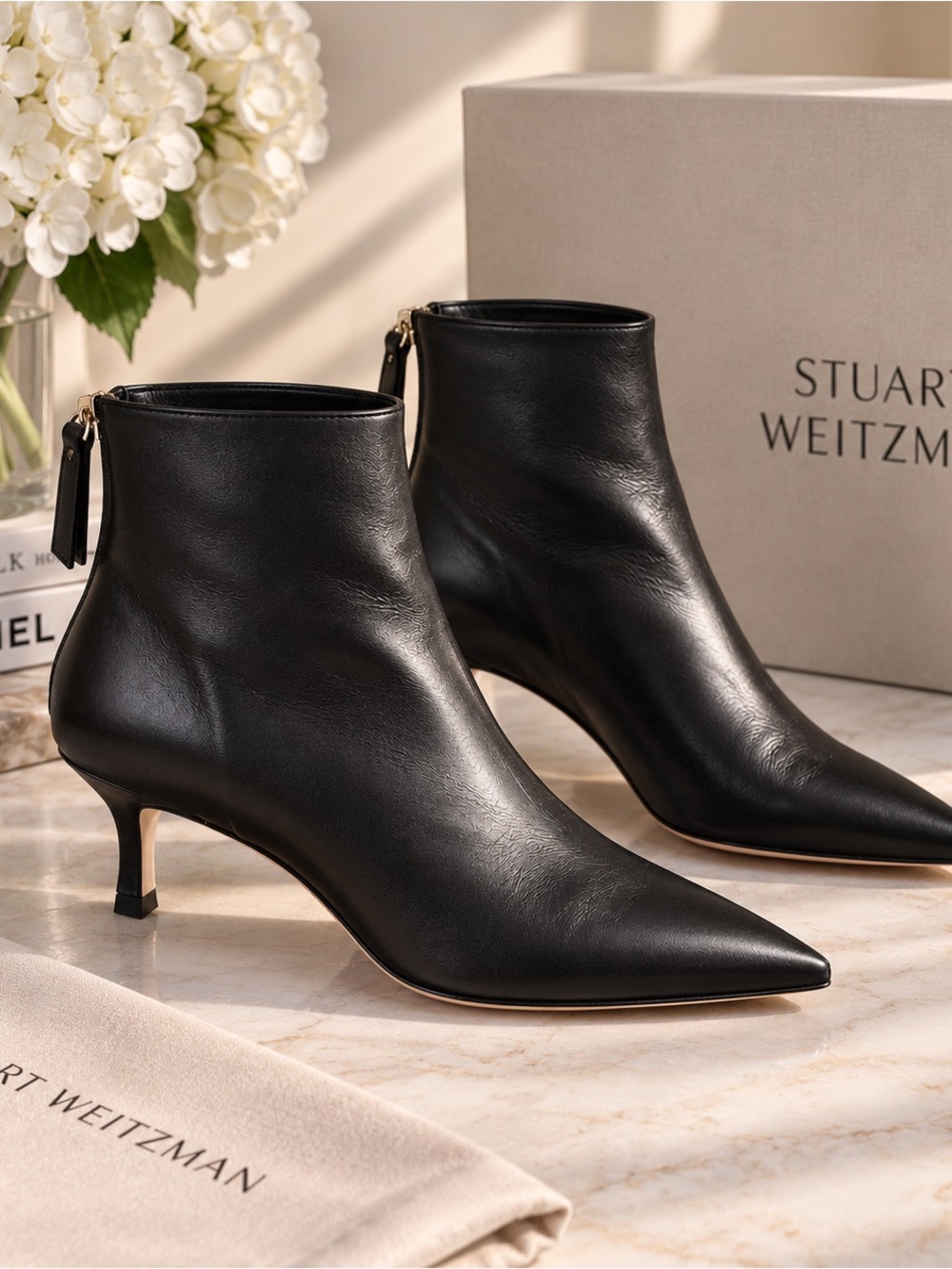 Stuart Weitzman Black Leather Ankle Booties Pointed Toe 3” Heel NWT Sz 7